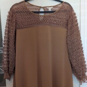 Plus Size Cato Womens 18/20W Tan Polka Dot Ruffle Sheer Mesh Sleeve Blouse